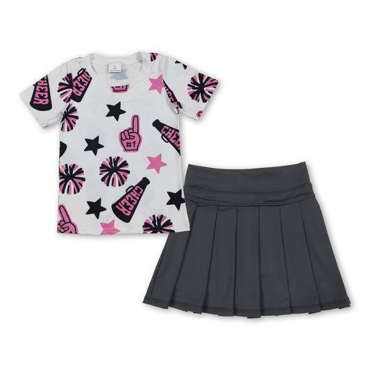 Pink cheer top black pleated active skirt girls clothing set