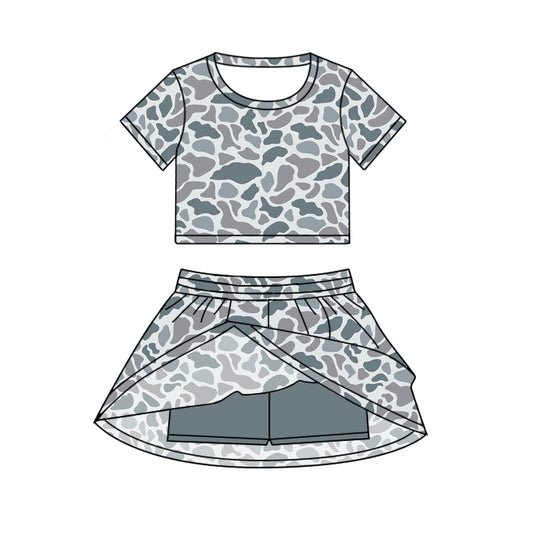 Grey camo short sleeves top skorts kids girls clothing set