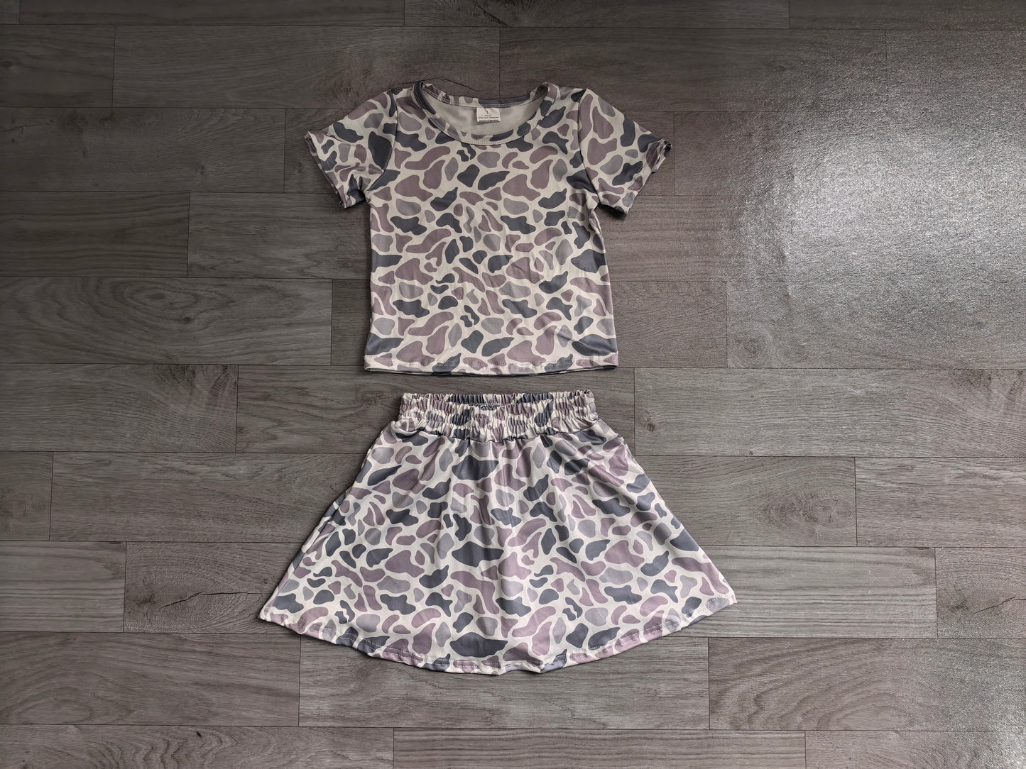 Grey camo short sleeves top skorts kids girls clothing set