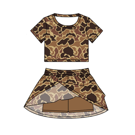 Light brown camo short sleeves top skorts kids girls clothing