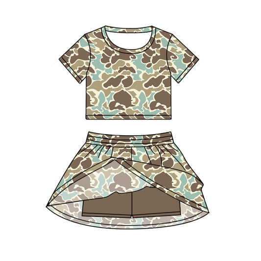 Camo short sleeves top skorts kids girls clothing set