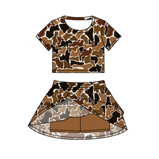 Brown camo short sleeves top skorts kids girls clothing set