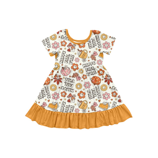 Short sleeves Happy fall y'all floral pumpkin girls dresses