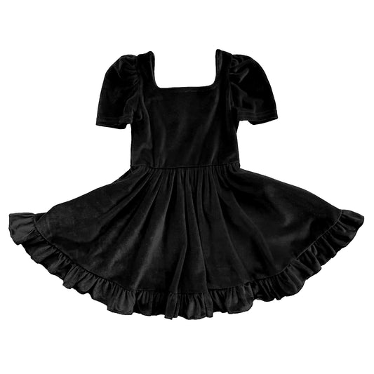 Short sleeves black velvet kids girls fall dresses