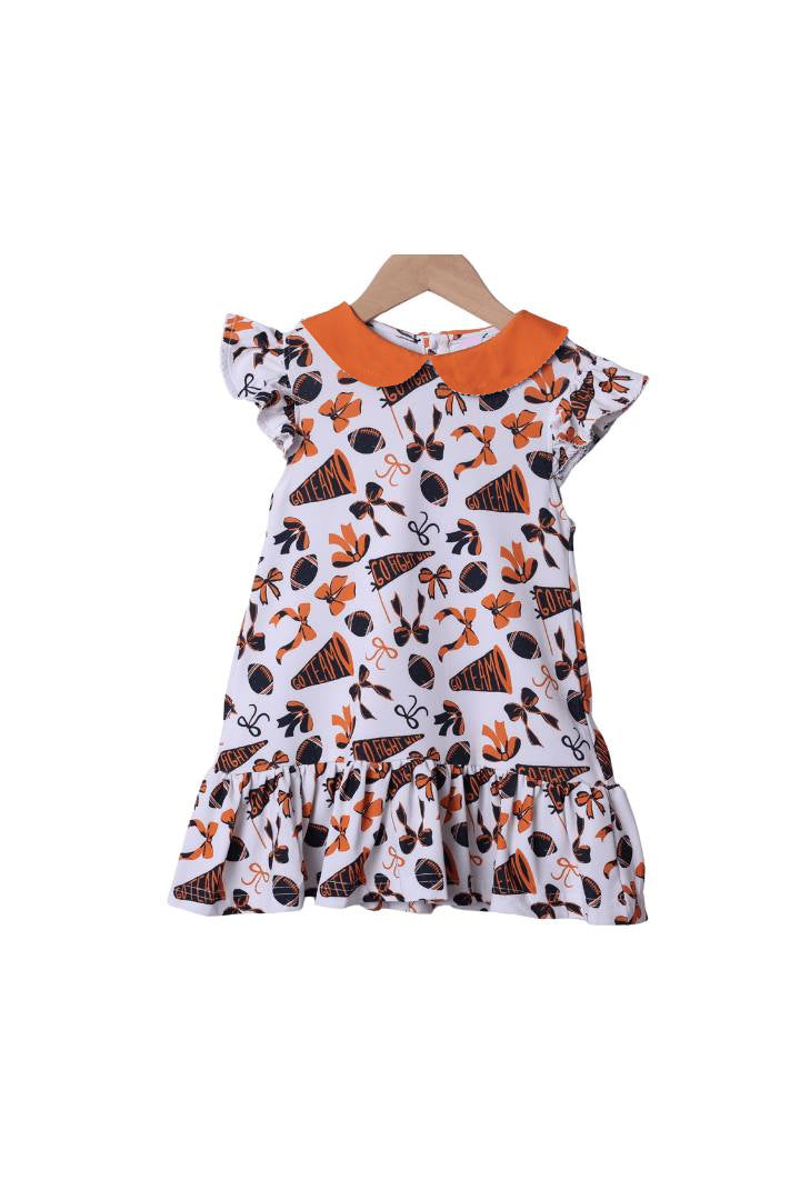 Flutter sleeves football orange bow go team kids girls dresses
