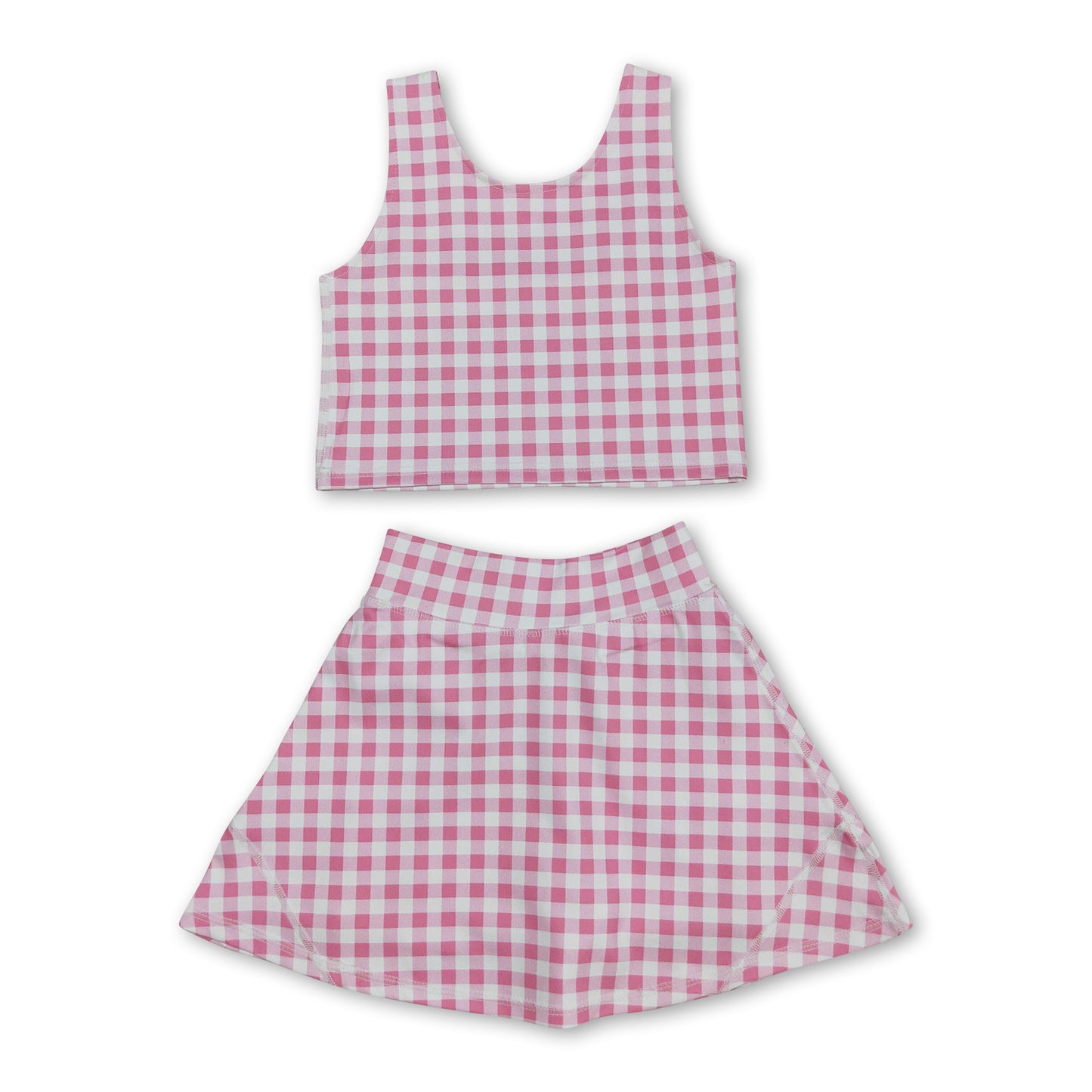 Sleeveless pink plaid top skirt girls summer clothes