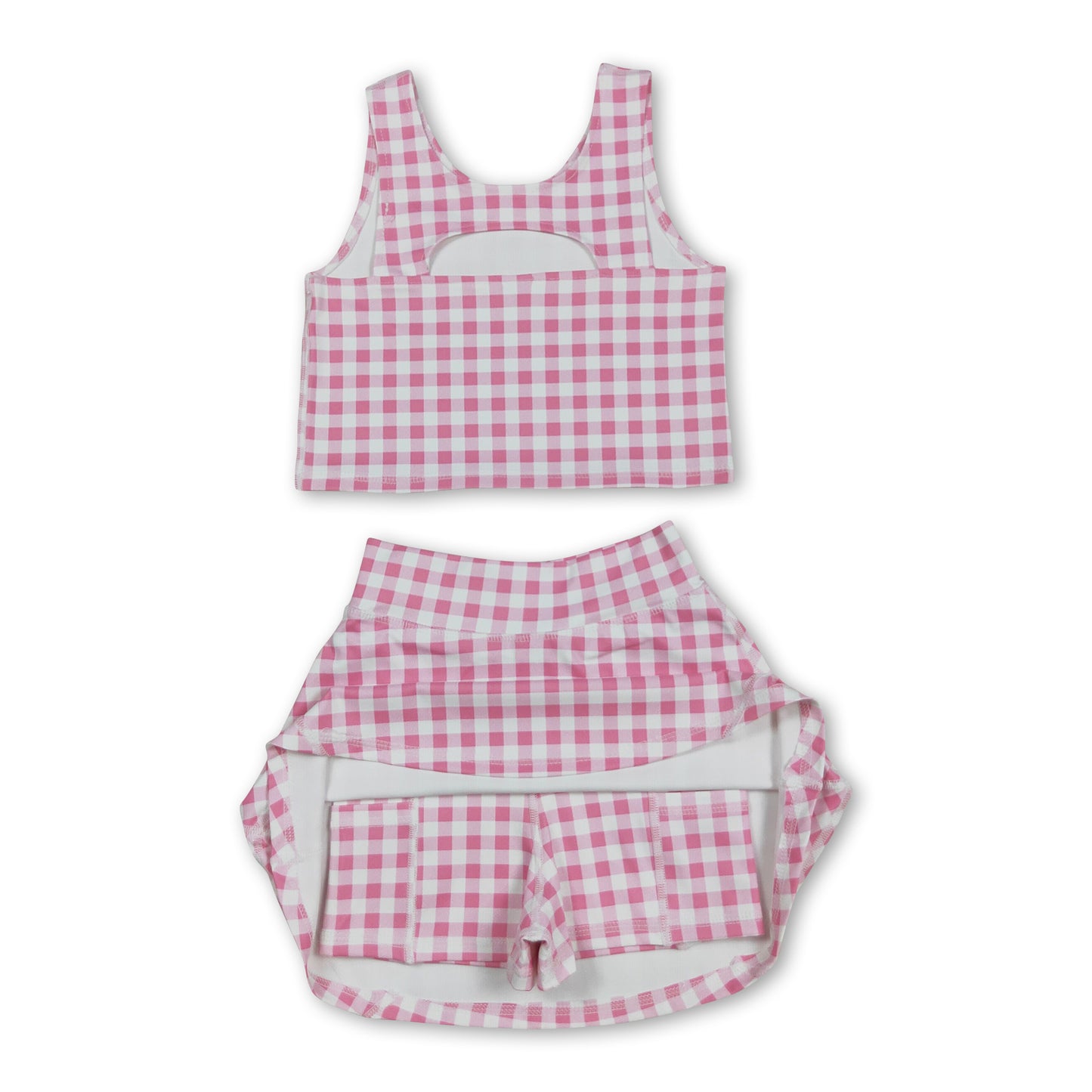 Sleeveless pink plaid top skirt girls summer clothes