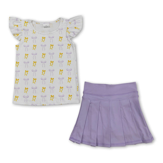 Flutter sleeves bows top lavender pleated skirt girls clothes
