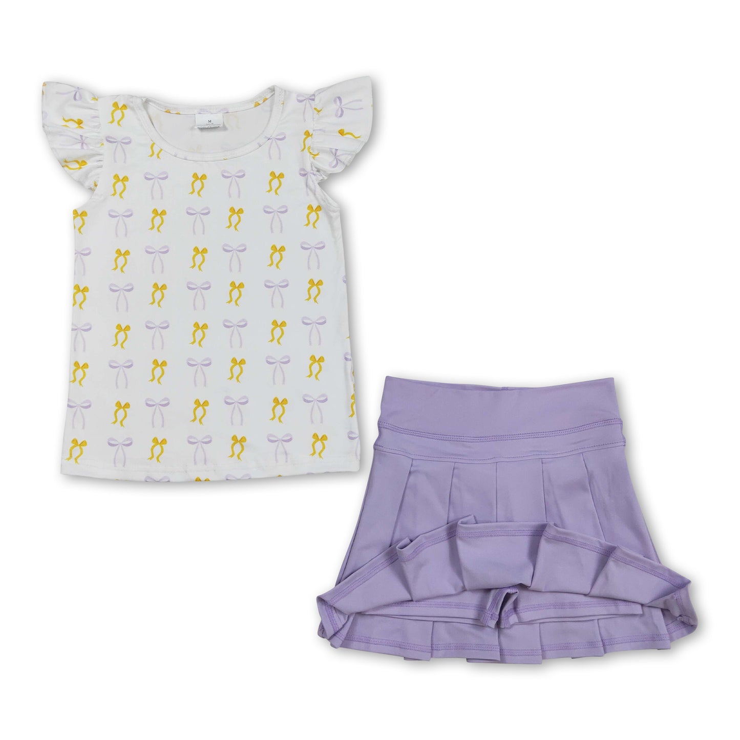 Flutter sleeves bows top lavender pleated skirt girls clothes