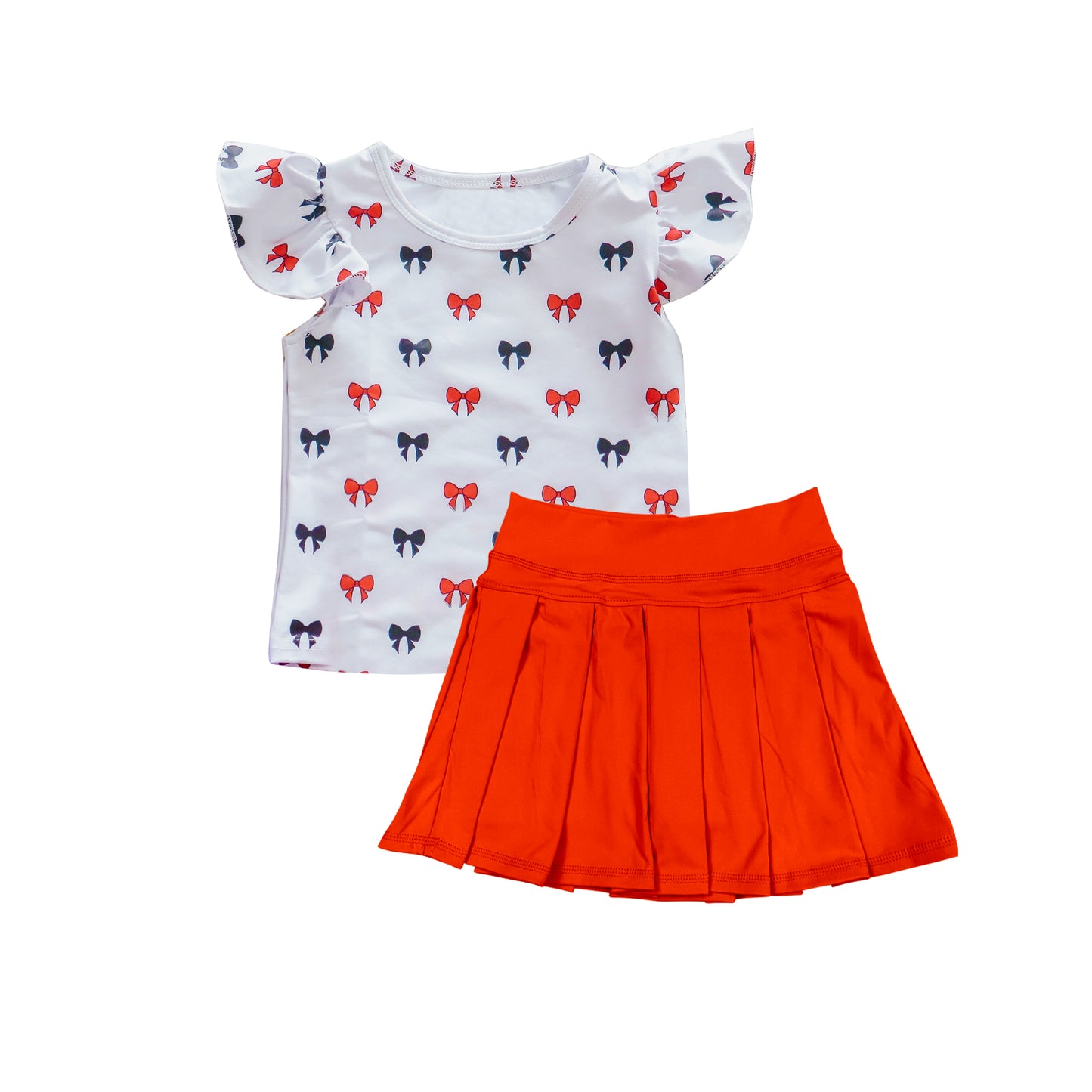 Flutter sleeves bows top orange pleated skirt girls clothes
