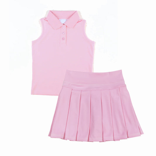 Sleeveless pink polo shirt pleated skirt girls activewear set
