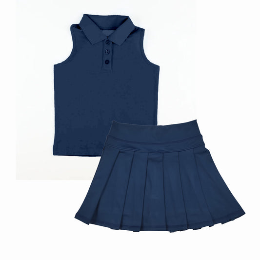 Sleeveless navy polo shirt pleated skirt girls activewear set