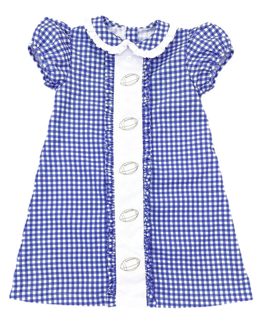 Short sleeves blue plaid football kids girls team dress