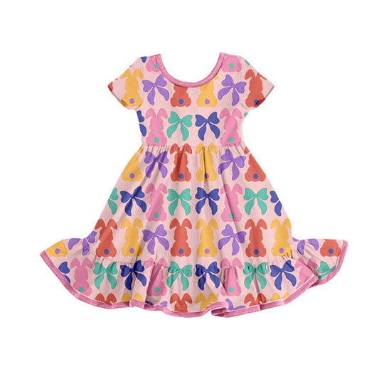 pink colorful bows print ruffle sleeve girl dress