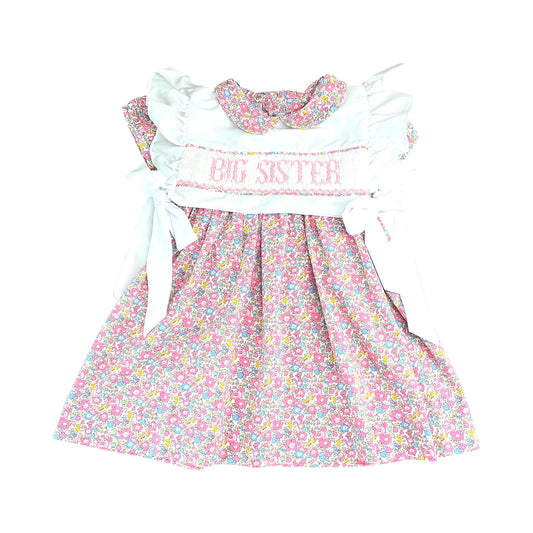 pink flowers big sister smock flying sleeve girl dress