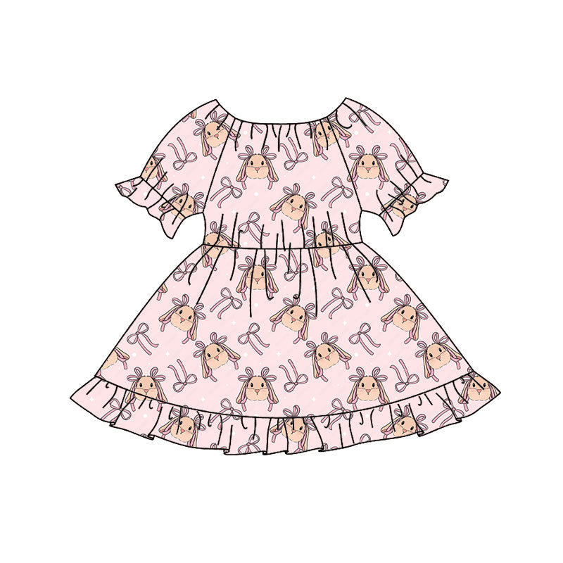 pink rabbit bows print ruffle sleeve girl easter dress