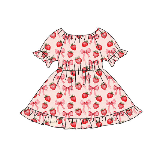 red strawberry bows print ruffle sleeve girl dress