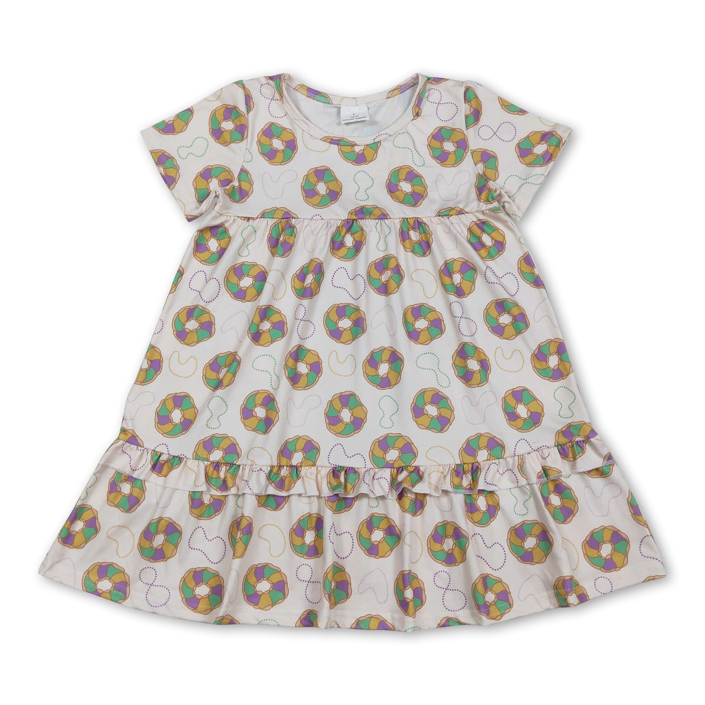 Purple green yellow donut print girl Mardi Gras dress