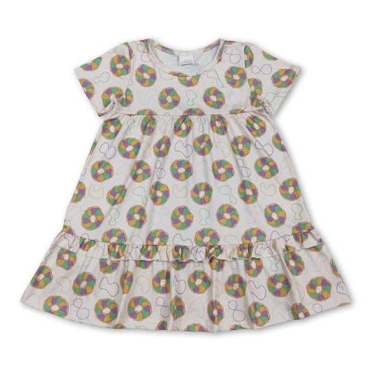 Purple green yellow donut print girl Mardi Gras dress