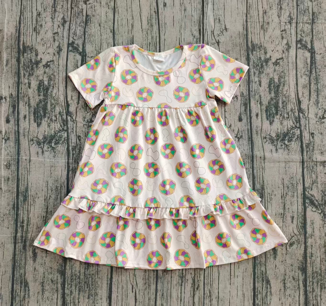 purple green yellow donut print ruffle sleeve girl dress