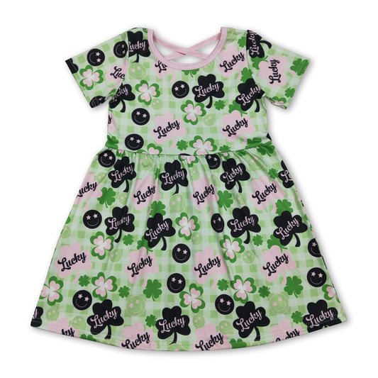 Green lucky clover smile girls St Patrick's day dress