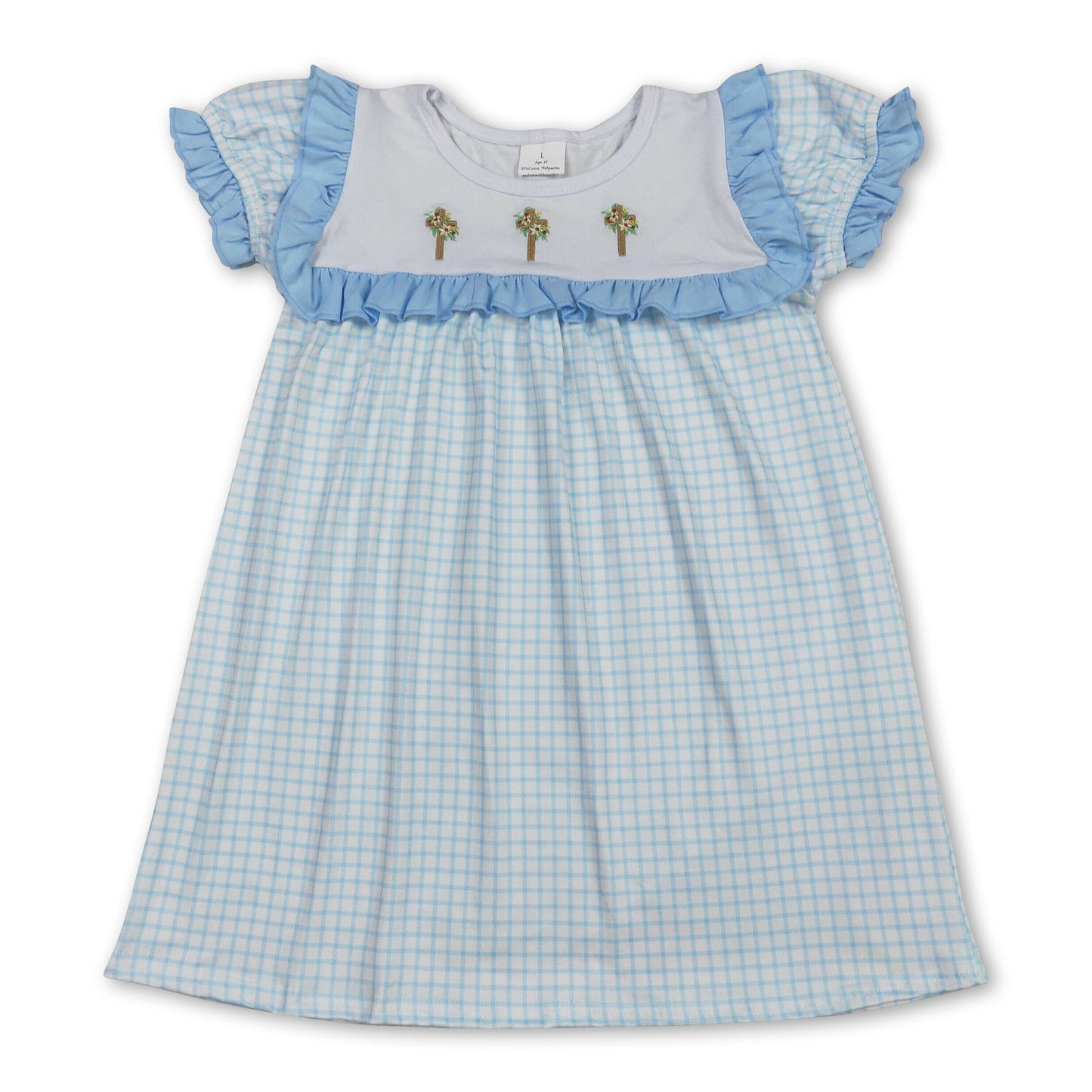 blue plaid cross  print short sleeve girl dress