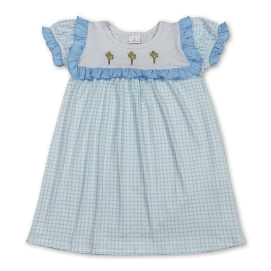 blue plaid cross  print short sleeve girl dress