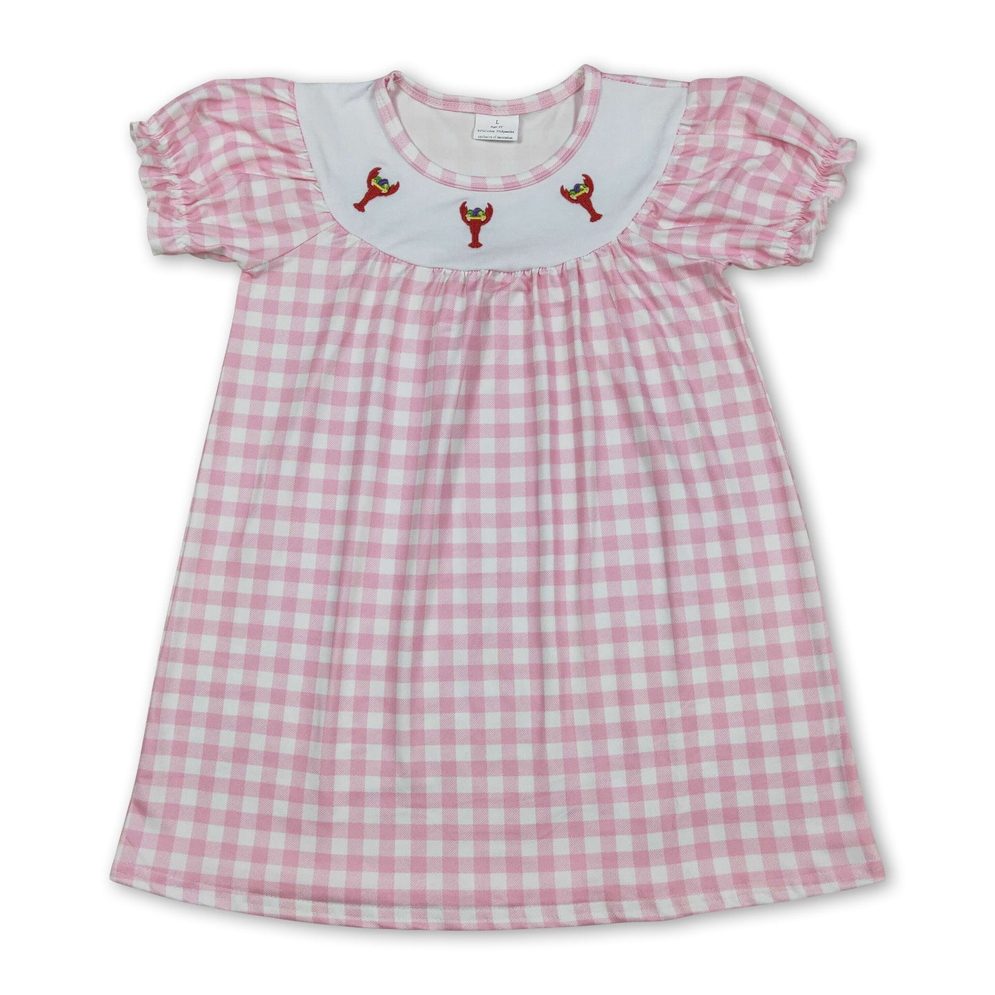 pink plaid crab short sleeve girl dress