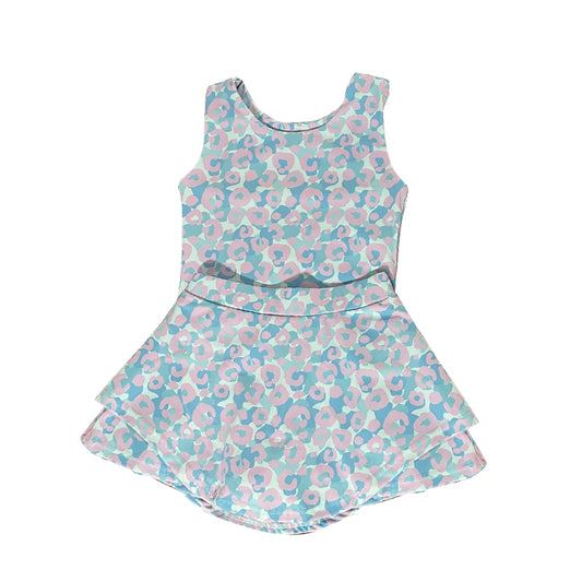 blue pink leopard girl sleeveless yoga skirt set