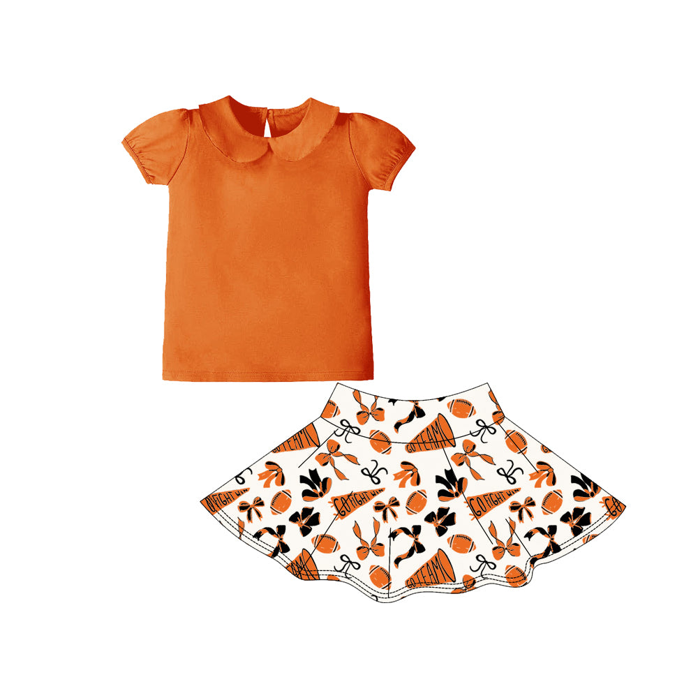 orange black bows football short sleeves top skorts kids girls clothing set