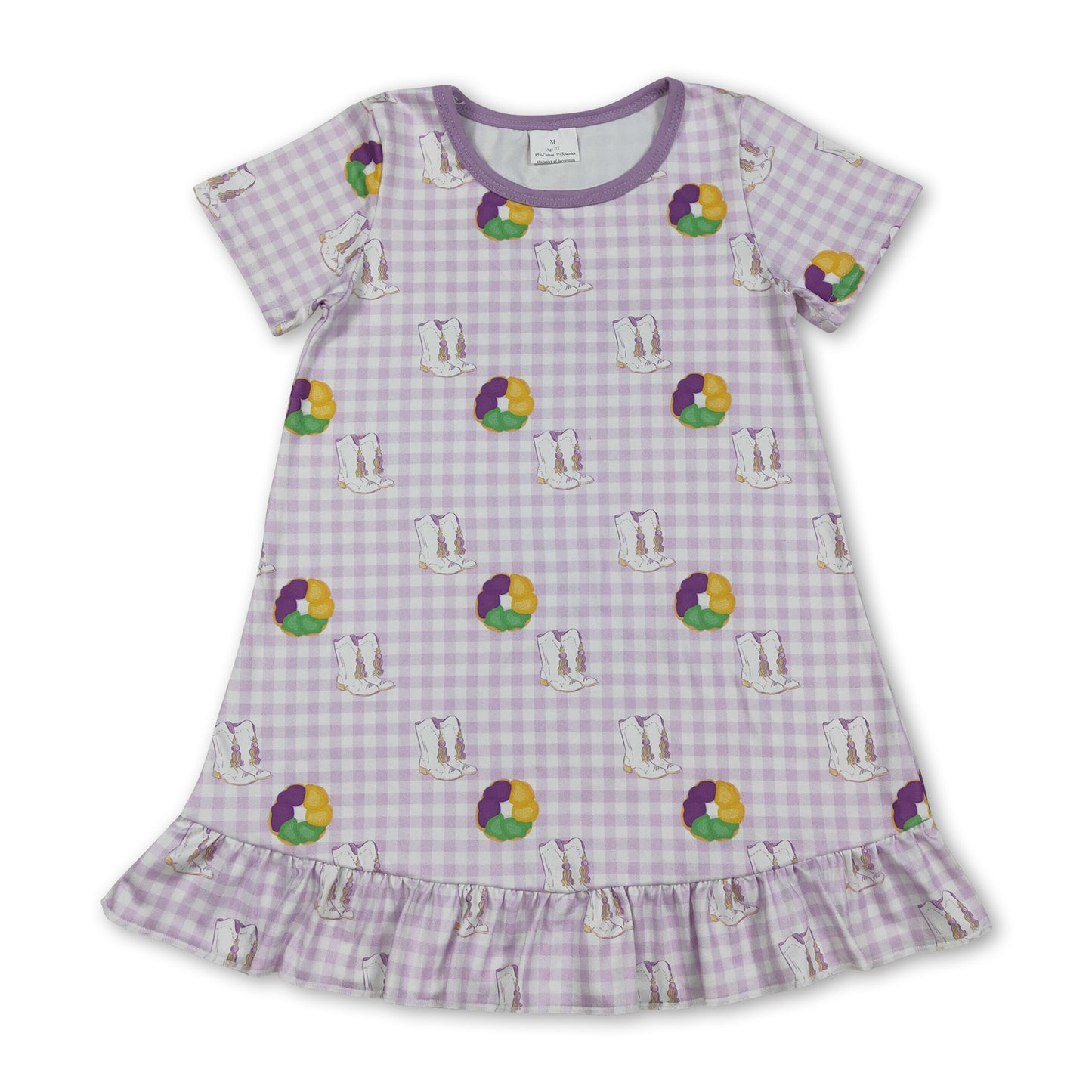 Plaid purple yellow green donut boots girls Mardi Gras dress