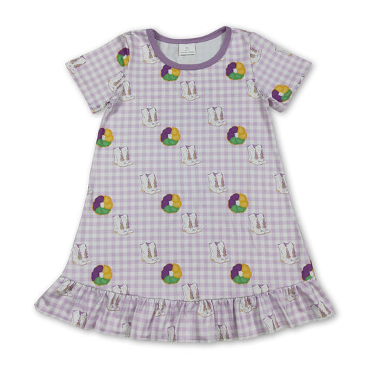 Plaid purple yellow green donut boots girls Mardi Gras dress