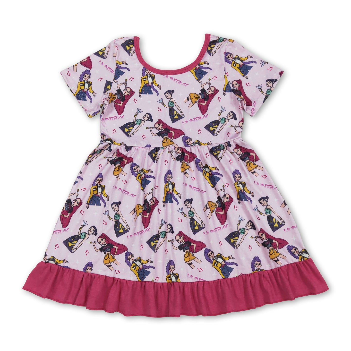 Pink short sleeves music kids girls ruffle dresses