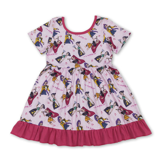 Pink short sleeves music kids girls ruffle dresses