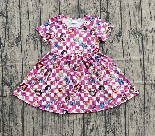 Pink plaid short sleeves candy music kids girls dresses