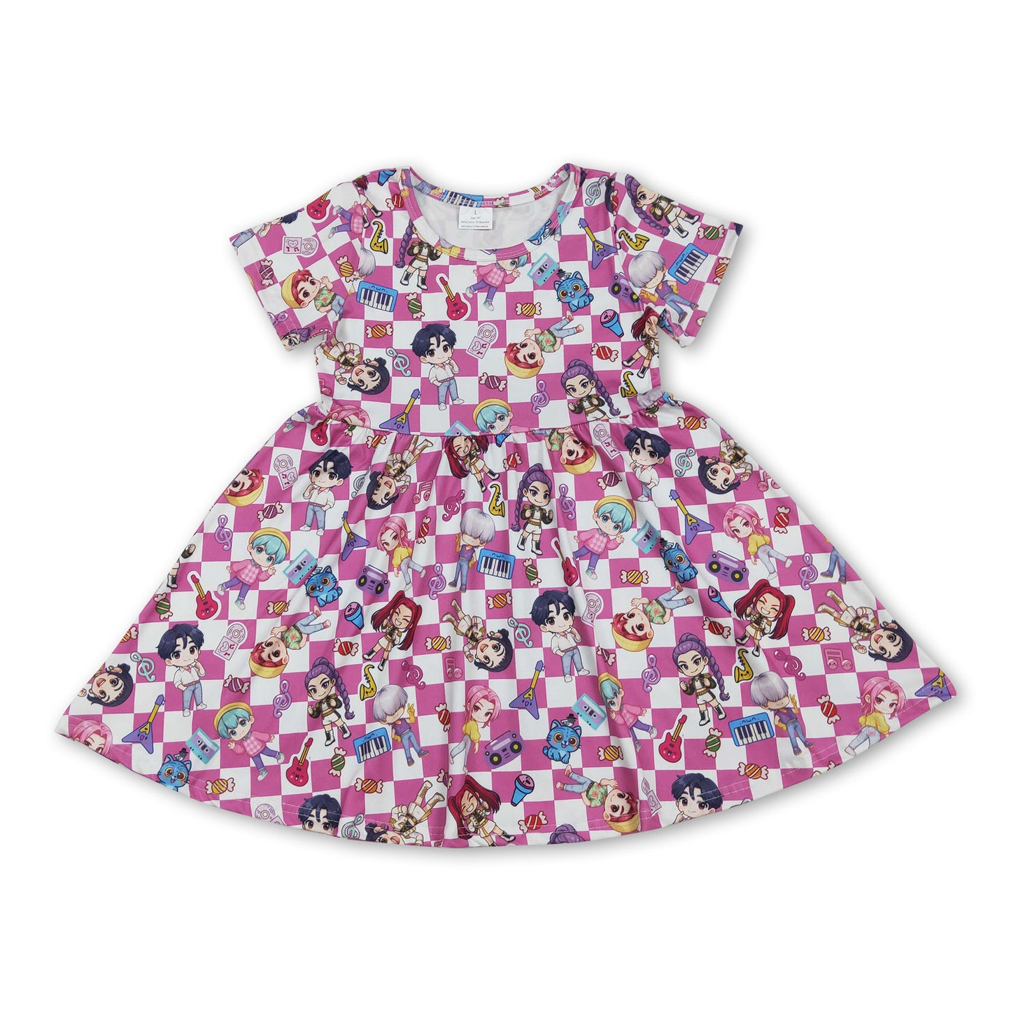 Pink plaid short sleeves candy music kids girls dresses