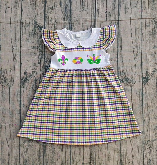 Plaid flutter sleeves donut kids girls Mardi Gras dress