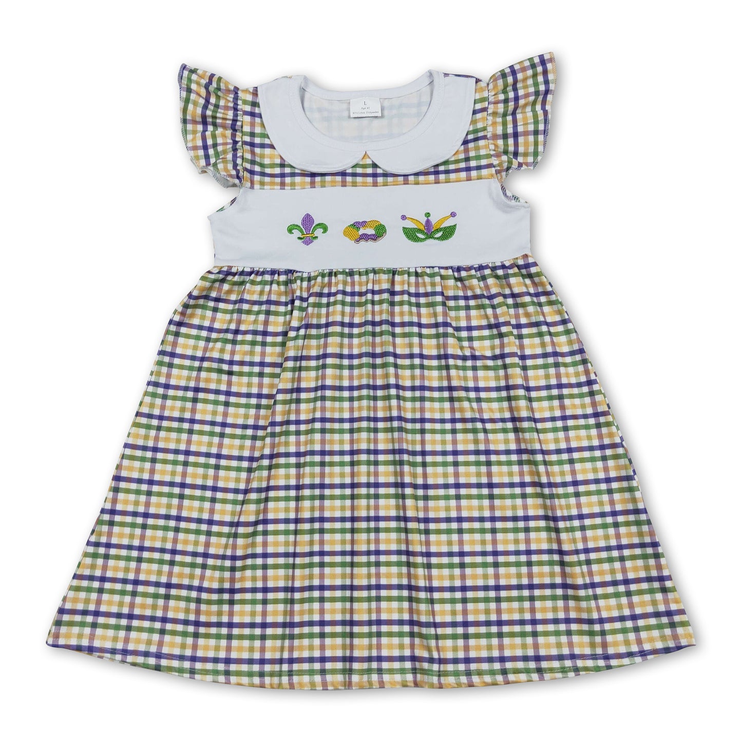 Plaid flutter sleeves donut kids girls Mardi Gras dress