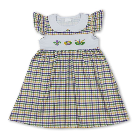 Plaid flutter sleeves donut kids girls Mardi Gras dress