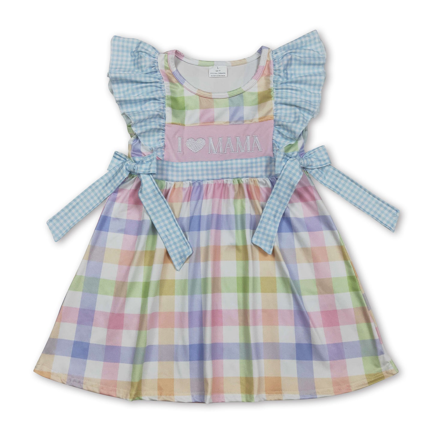 I love mama embroidery colorful plaid kids girls dresses