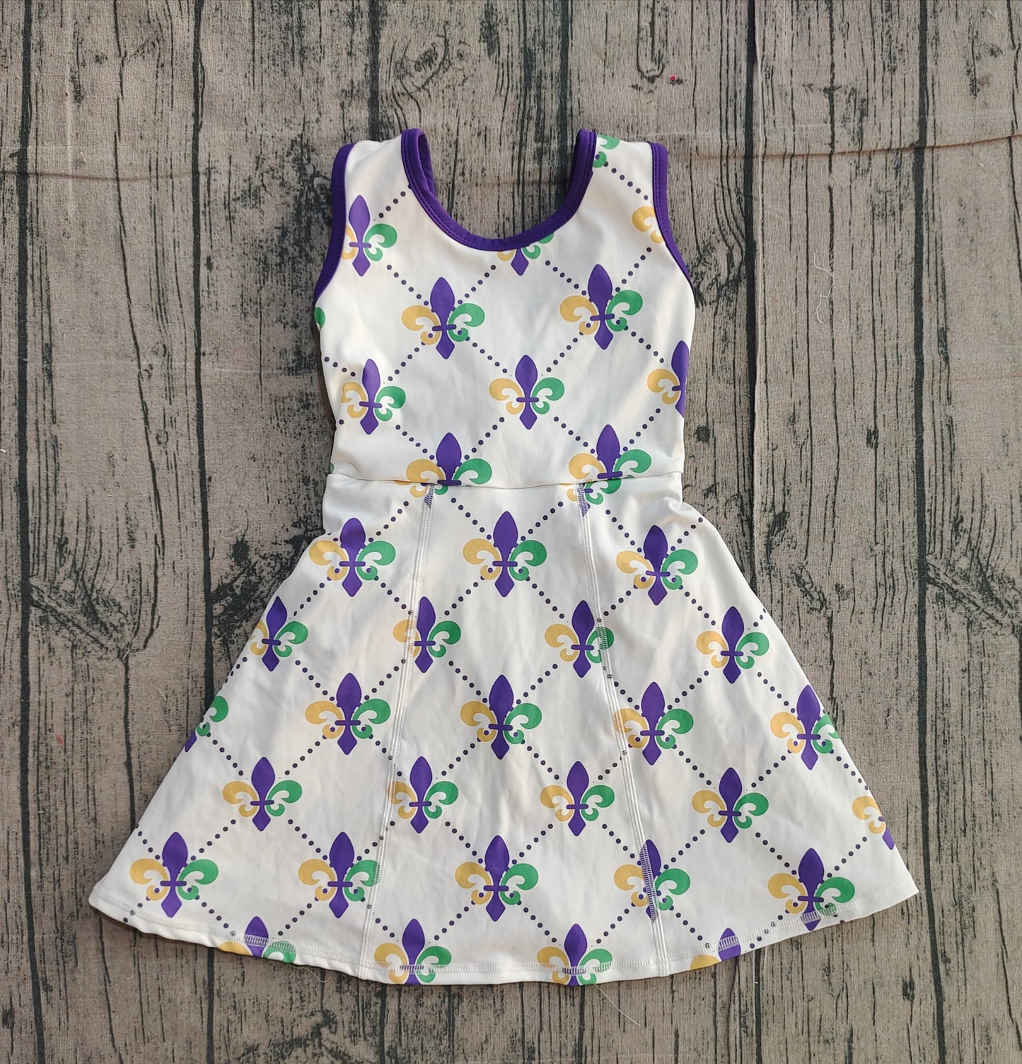 Purple green yellow sleeveless girls Mardi Gras athletic dress