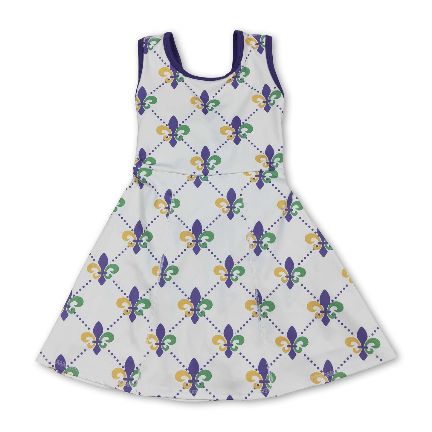 Purple green yellow sleeveless girls Mardi Gras athletic dress