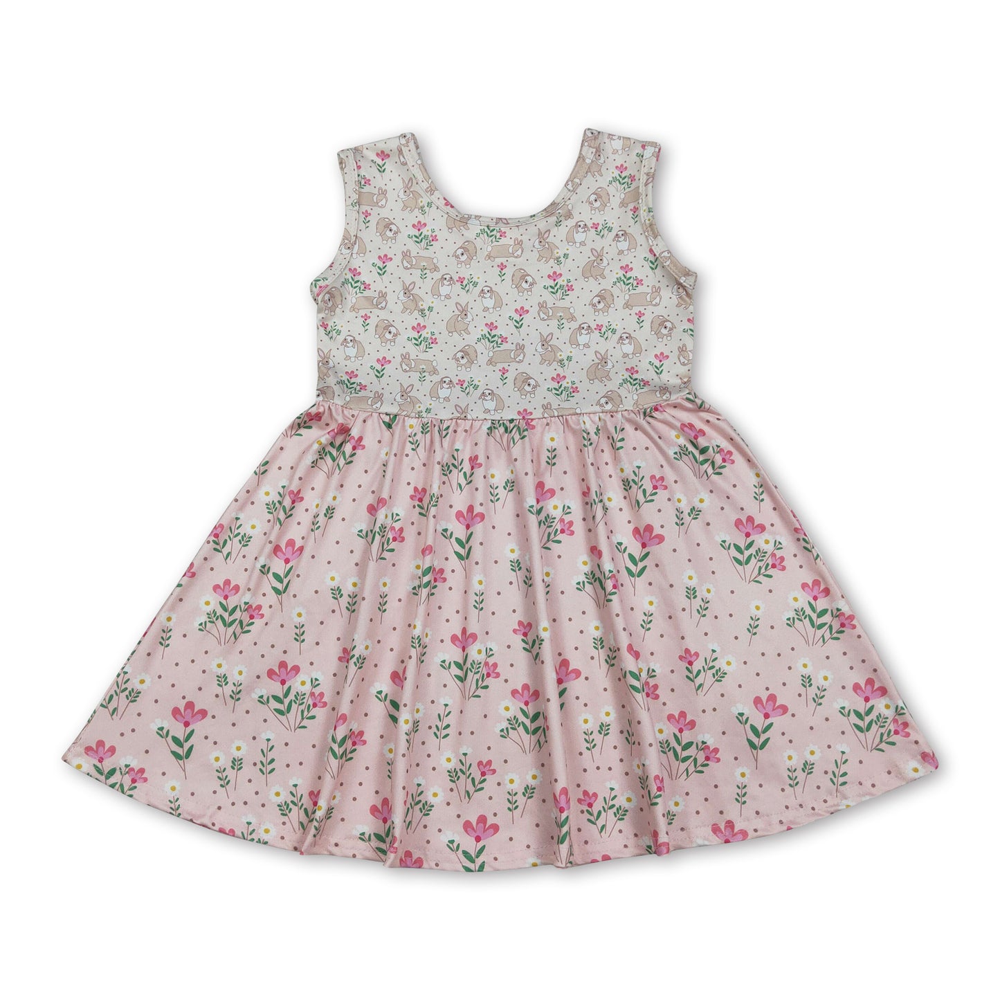 Sleeveless rabbit floral kids girls Easter twirl dresses