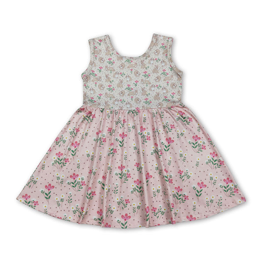 Sleeveless rabbit floral kids girls Easter twirl dresses