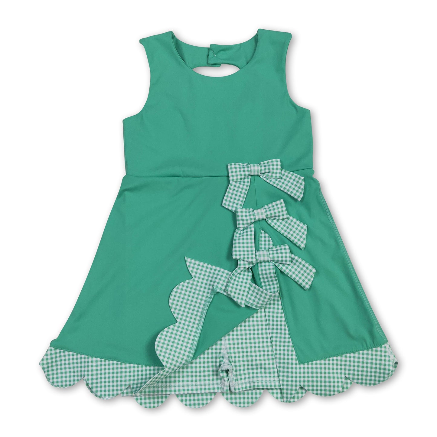 Scallop plaid bow green kids girls summer athletic dress