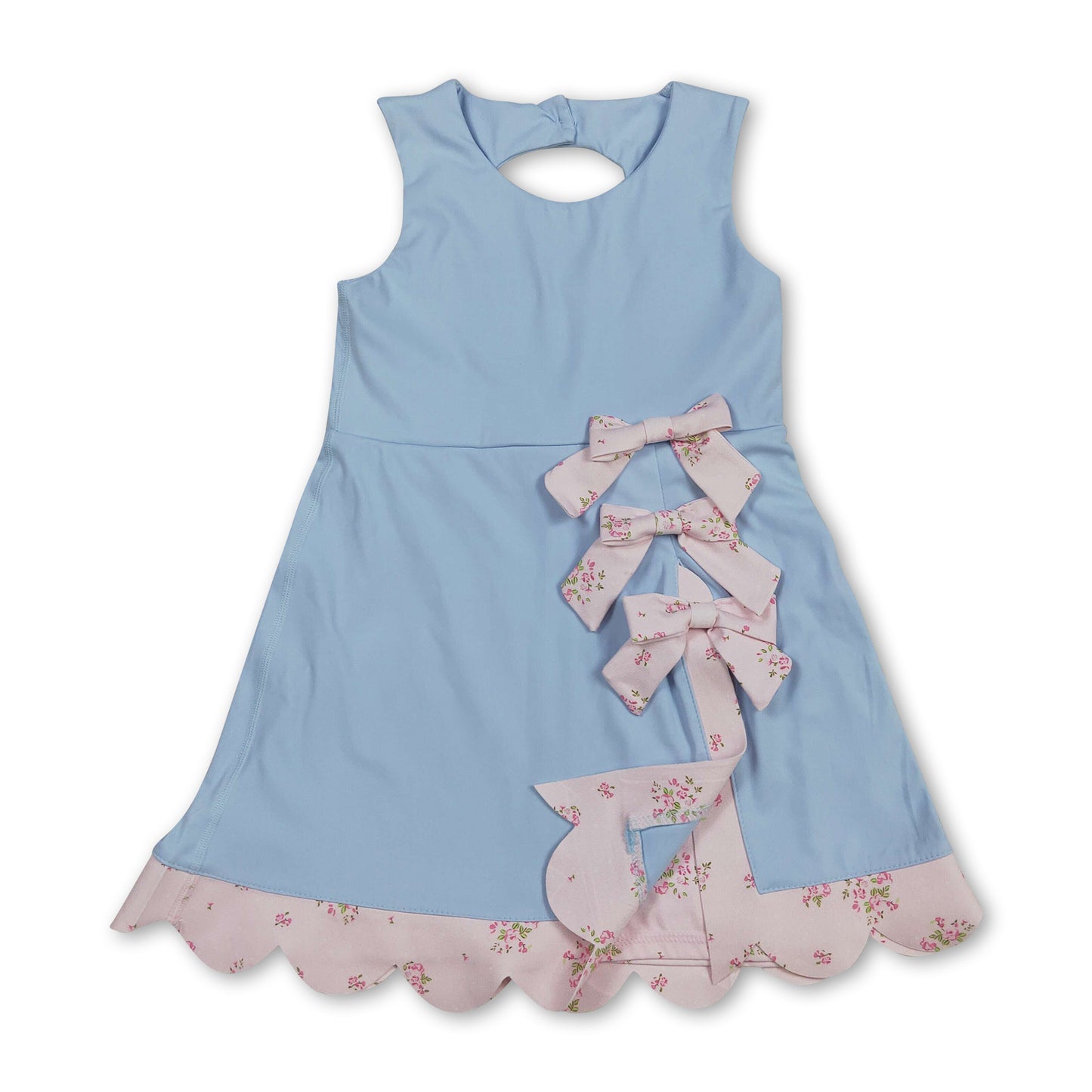 Scallop floral bow light blue kids girls summer athletic dress