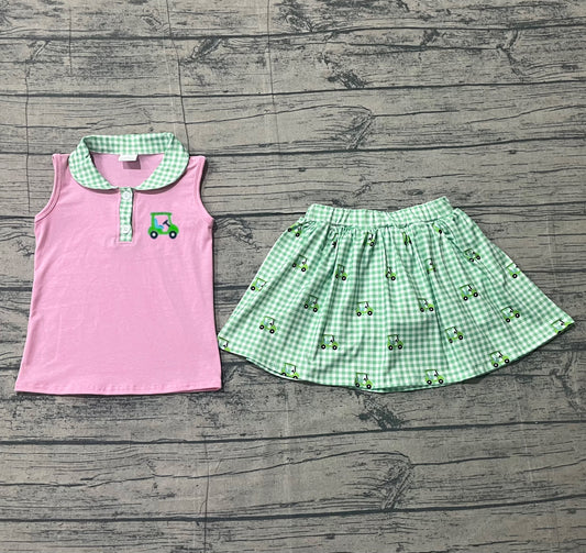 Sleeveless pink golf car top skirt kids girls clothing set