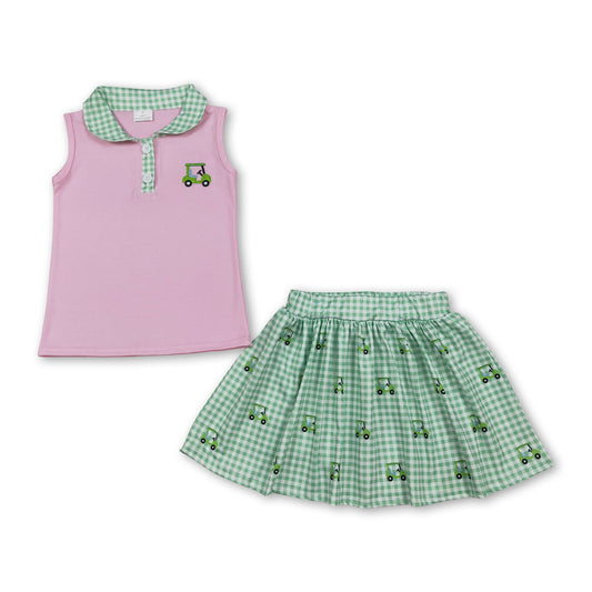 Sleeveless pink golf car top skirt kids girls clothing set