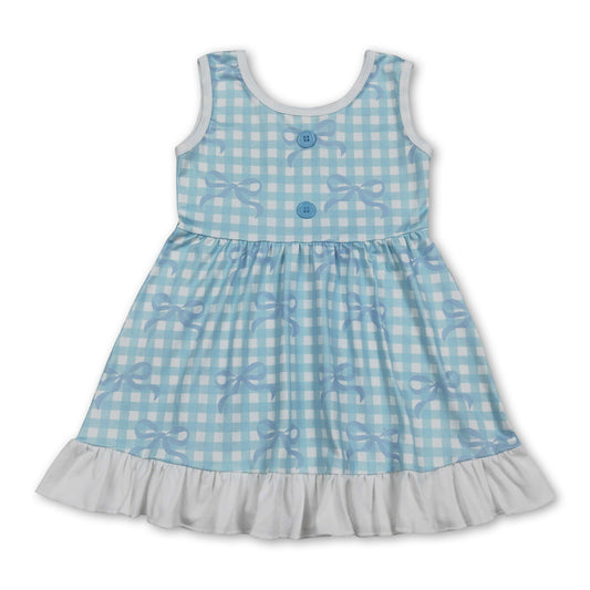 Sleeveless light blue plaid bow girls ruffle dresses