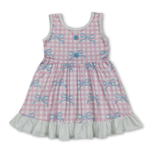 Sleeveless pink plaid bow girls ruffle dresses